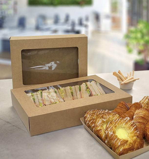 50 Bandeja de Cartón Kraft para Caja con Ventana 33×23 cm | Cartón Antigrasa y Altas Temperaturas | Ideal para Take Away, Panadería y Catering | Pack de 50 Unidades