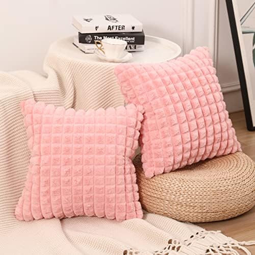 MANDIOO Set of 2 Super Soft Plush Faux Fur Throw Pillow Covers 18x18 Inch,Plaid Texture Modern Luxury Decorative Pillow Case Cushion Cover for Home Decor Sofa Couch Bed Livingroom Farmhouse,Pink