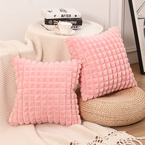 Mandioo Set Of 2 Super Soft Plush Faux Fur Throw Pillow Covers 18X18 Inch,Plaid Texture Modern Luxury Decorative Pillow Case Cushion Cover For Home Decor Sofa Couch Bed Livingroom Farmhouse,Pink #TOP3