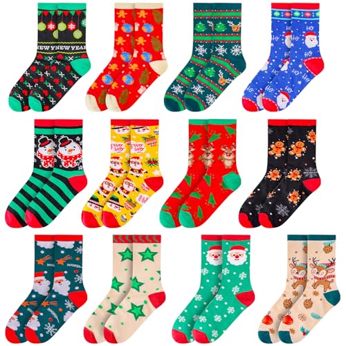 MGparty 12 Pairs Christmas Socks for Women Funny Holiday Crew Socks Cute Novelty Winter Xmas Gift Socks for Stocking Stuffers - Thumbnail 4