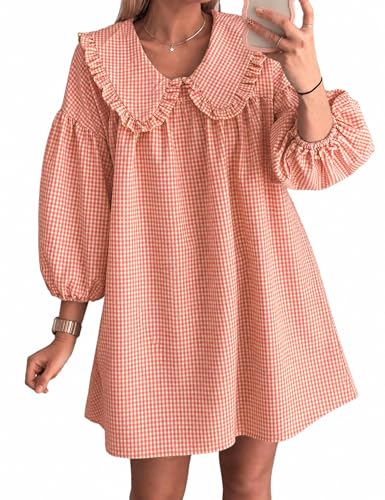 Image of Ynhonra Women's Gingham Mini Dress 3 /4 Puff Sleeve Babydoll Doll Collar