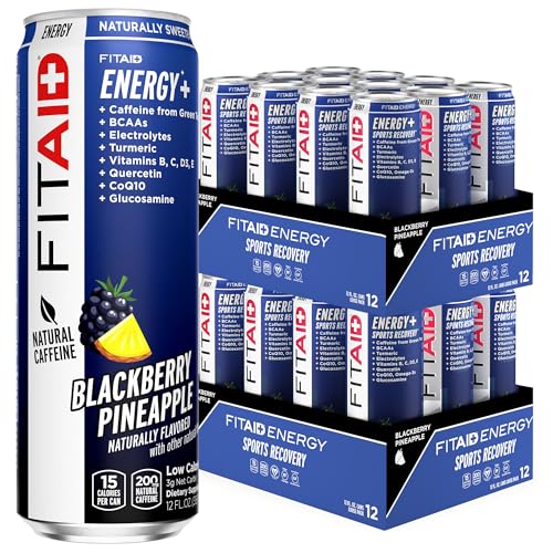Image of FITAID ENERGY Blackberry Pineapple 200mg Natural Caffeine Keto Pre-Workout Performance: BCAA Quercetin Electrolytes Omega-3s 15 calories Vegan & Gluten-Free 12 Fl Oz (Pack of 24) - Packaging May Vary