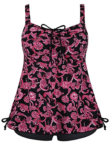 Septangle Womens Swimsuits Tummy Control Two Piece Body Glove Bathing Suit Plus Size Tankini Top with Boyleg Shorts Swimwear, Black&Red Paisley, US26