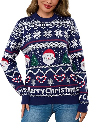 Image of Litherday Women's Christmas Jumper Winter Knitted Long Sleeve Round Neck Soft Sweater with Santa Claus and Snowflake Casual Holiday Pullover Navy Blue