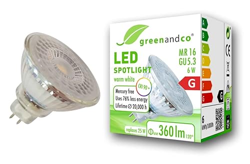 greenandco Spot LED IRC 90+ MR16 GU5.3 | 6W 360 lm | 3000K blanco cálido | 110° | 12V AC/DC | no regulable