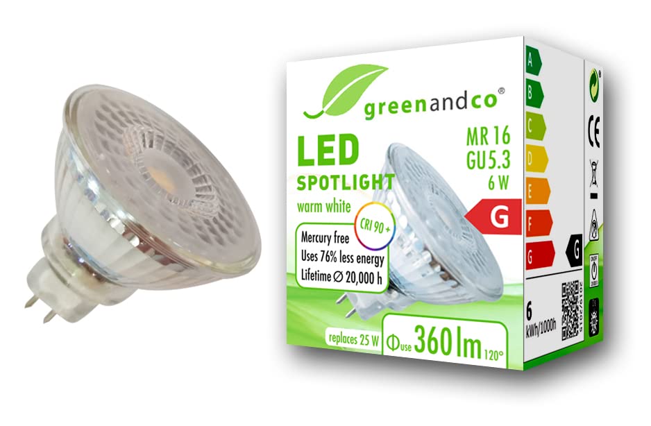 greenandco CRI 90+ MR16 GU5.3 LED Spot | 6W 360 lm | 3000K warmweiß | 110° | 12V AC/DC | nicht dimmbar