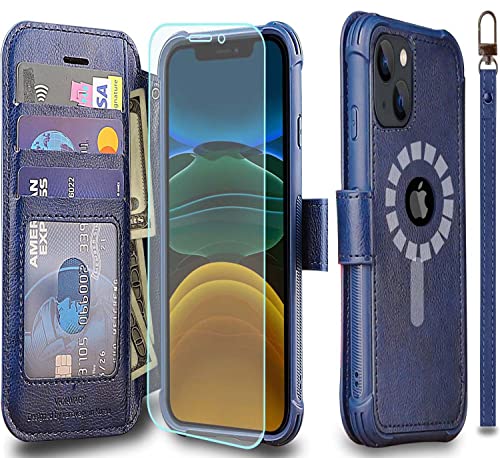 VANAVAGY Wallet Case Compatible for iPhone 13 Mini for Magsafe,RFID Flip Leather Cover with Wrist Supports Wireless Charging with Card Holder and Glass Screen Protector,Navy Blue