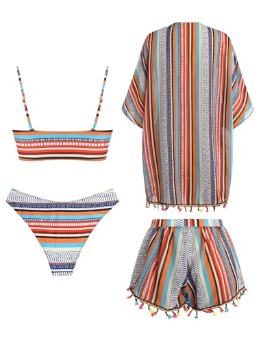 Image of ZAFUL Women 4pcs Ruched Striped Bikini Set High Cut Swimsuit with Sheer Fringed Cover Up Side Slit Shorts