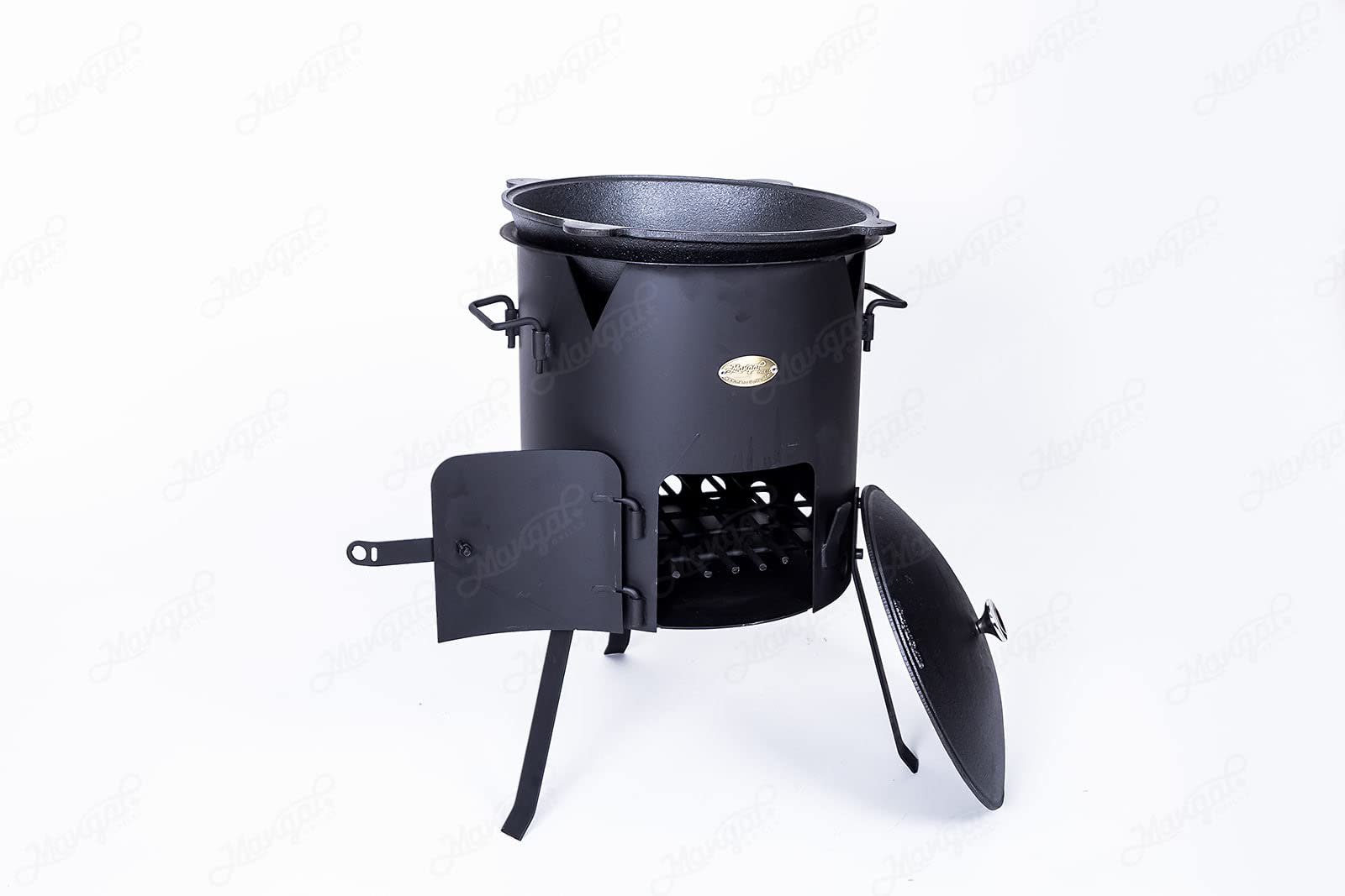 Kazan Cast Iron Cauldron Qazan Qozon Kadai (9L-2.3Gal) + Uchag Oven Stove Wood Fire Duch Oven (36cm-14