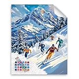 Ski Paint by Number, Winter Skiing Sports Paint by Numbers Kit for Adults, Snowy Mountains Canvas Wall Art, Skiers Acrylic Painting for Gift, Home Wall Decor - Pine Trees Mountain(16x20inch, No Frame)