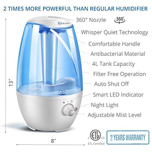 GENIANI Ultrasonic Cool Mist Humidifier - Best Air Humidifiers for Bedroom/Living Room/Baby with Night Light - Whole House Solution, Large Water Tank, Auto Shut Off and Filter-Free (4L)