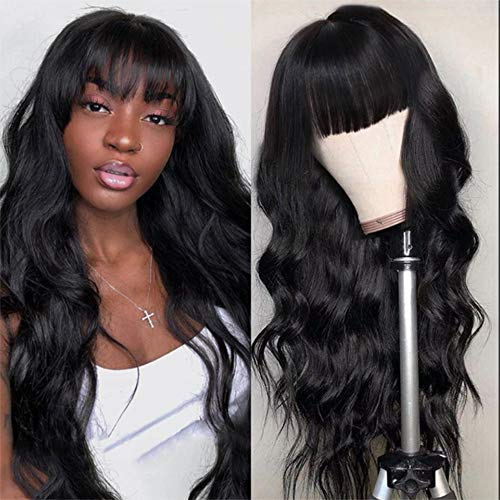 Vigorous Long Black Wigs with Bangs Synthetic Wavy Wigs for Women Heat Resistant Curly Wig Natural Looking Wigs for Daily Cosplay Party Use
