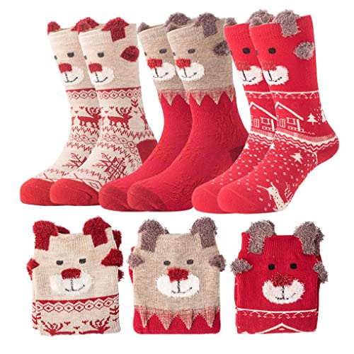 3 Pairs Kids Girls Boys Christmas Socks Soft Cotton Christmas Xmas Holiday Cozy Fuzzy Crew Socks with Gift Box (XL: ages 9-12 Years, Color-1)
