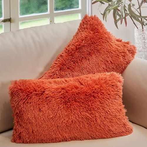 Cheer Collection Throw Pillows for Couch and Bed, Soft Shaggy Throw Pillows with Inserts Included, Cozy Long Hair Faux Fur Pillows - Set of 2-12" x 20" - Rust Orange
