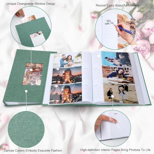 Image of Photo Album 4x6 with 300 Pockets, Linen Hardcover Slip-In Photo Album with Memo Writing Space & Front Window, Family Baby Wedding Travel Anniversary Memory Book (Green)