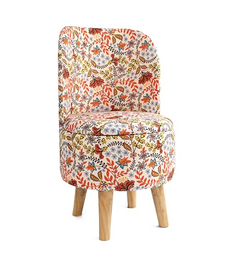 Image of NACIA Elegant Velvet Printed Ottoman Chair | Dressing Table Chair for Bedroom Makeup Room Decor | Modern Upholstered Ottoman with Wooden Legs for Living Room & Home (18x18x32 Inches, Baby Pink Leaf)