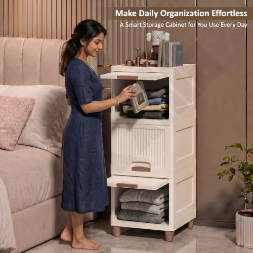 Image of 3 Tier Wardrobe Organizer for Clothes | Foldable Closet Organizer | Multipurpose Kitchen Storage Rack | Stackable Cabinet | Space Saving Almirah for Living Room (Ivory)
