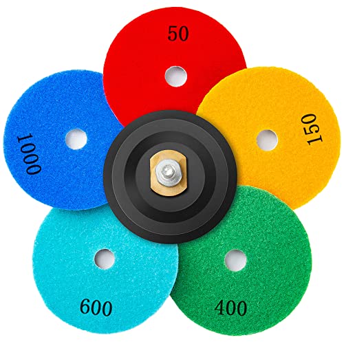 Image of 7 Pack 4 Inch Diamond Polishing Pads with 5 /8''-11 Backer Pad, 5PCS Wet /Dry Polish Pad Kit for Drill Grinder Polisher, 50-1000 Grit Polishing Pad for Granite Marble Concrete Stone Quartz