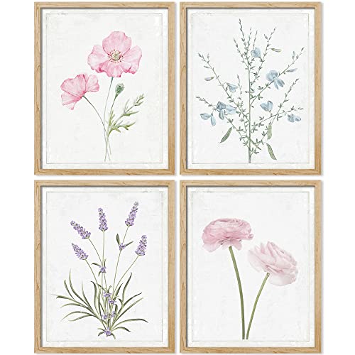 Image of SIGNWIN Framed Lavender Rose Daisy Cornflower Wall Art, Set of 4 Nature Wilderness Wall Decor Prints, Botanical Floral Wall Décor for Living Room, Bedroom - 11"x14" Natural