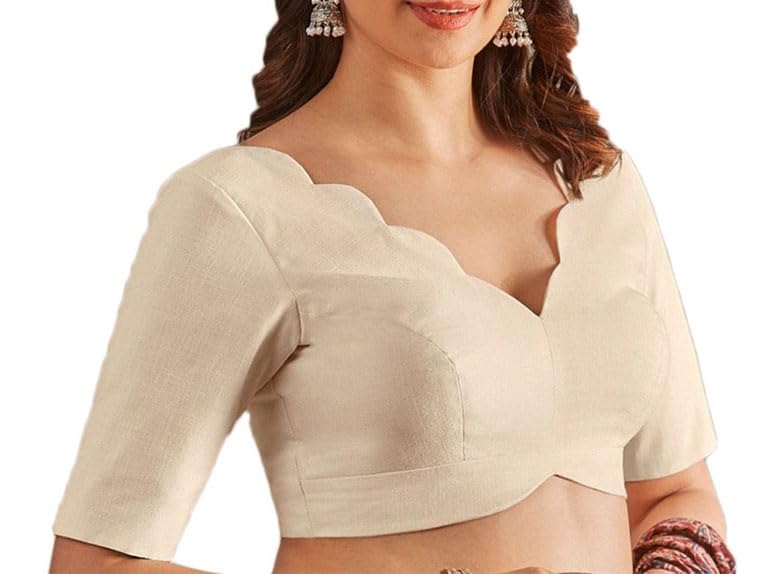 Scallop V-Neck Linen Saree Blouse Readymade Stitched Padded Sari Choli3
