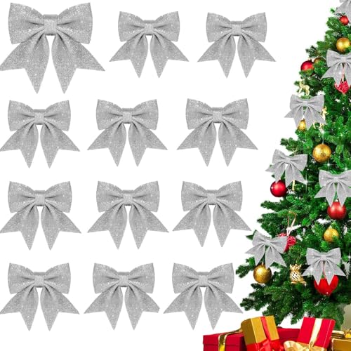 Schleifen Weihnachtsbaum Deko, 12PCS Silber Glitzer...