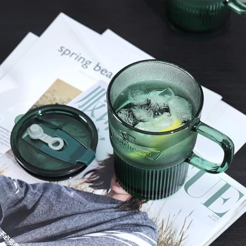 Image of Glass Coffee Cups Tumbler with Handle Lid and Straw, Smoothie Iced Coffee Tea Glasses Mug, Green Colored Drinking Jar for Water Juice Beverages Soda Milk (450ML, Pack of 1, Green)