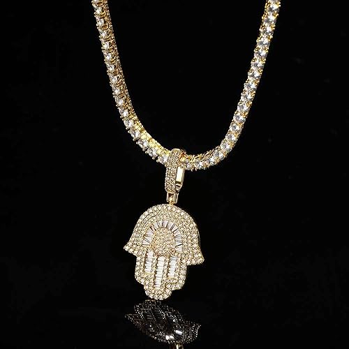 Miniatura 3 de Collar Hip Hop Hamsa para hombre, colgante de mano Hamsa de oro blanco de 18 quilates para mujer
