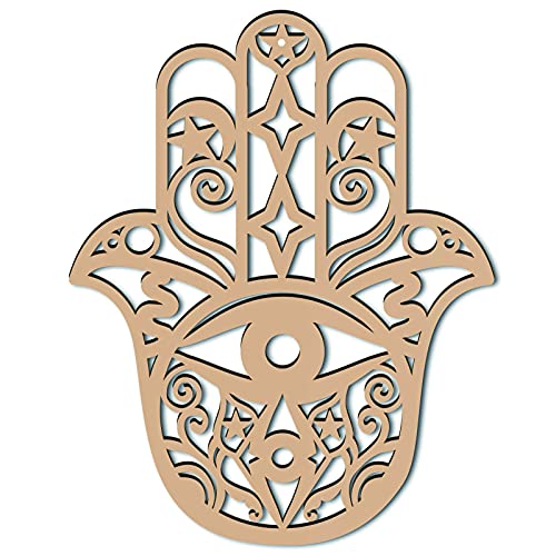 CREATCABIN Mano di Fatima Decorazione da Parete Decorazione da Parete in Legno Griglia di Cristallo Geometria Sacra Scultura da Parete Tagliata al Laser Decorazione da Appendere 30 x 24 x 0.6 cm