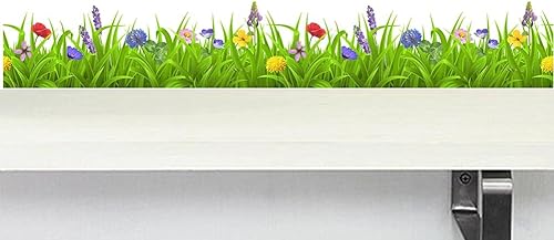 Miniatura 4 de BIBITIME Calcomanías de pared con borde de flores coloridas de hierba verde para despegar y pegar para sala de estar, porche