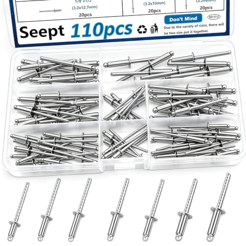 Seept 110pcs Steel Rivets 7-Sizes 304 Stainless Steel Rivets Assortment Kit 1/8',5/32',3/16' for Metal,Furniture,Automotive,Instruments