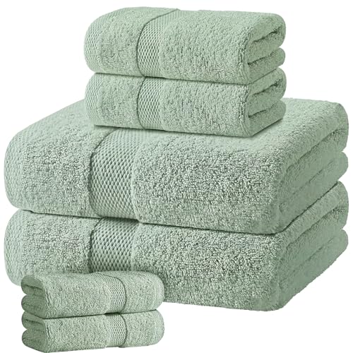 White Classic Mint Green Bath Towel Set of 6-100% Cotton Highly Absorbent Towels for Bathroom 2 Luxury Bath Towels 650GSM 2 Hand Towels 2 Washcloths