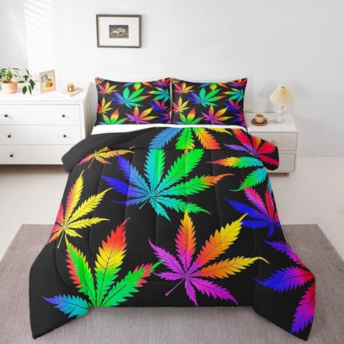 Erosebridal Marijuana Leaf Duvet Insert Full Rainbow Cannabis Leaves Bedding Set for Boys Teens,Gradient Iridescent Plant Comforter Set Tropical Botanical Weed Quilted Duvet Multicolor Bedroom Decor