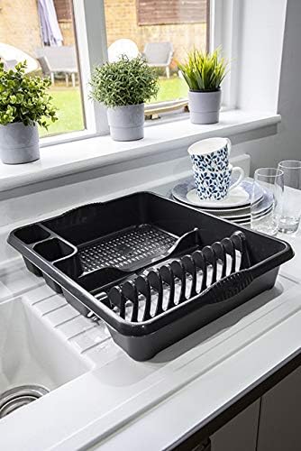High Grade Large Plastic Dish Drainer Plate and Cutlery Rack Holder (Mid-Night Black)