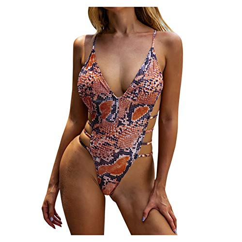 Lenago One Piece Bikini for Women Snake Print Halter Monokini Swimsuit Push Up Padded Swimwear Hollow Out High Cut Beachwear (M,Orange)