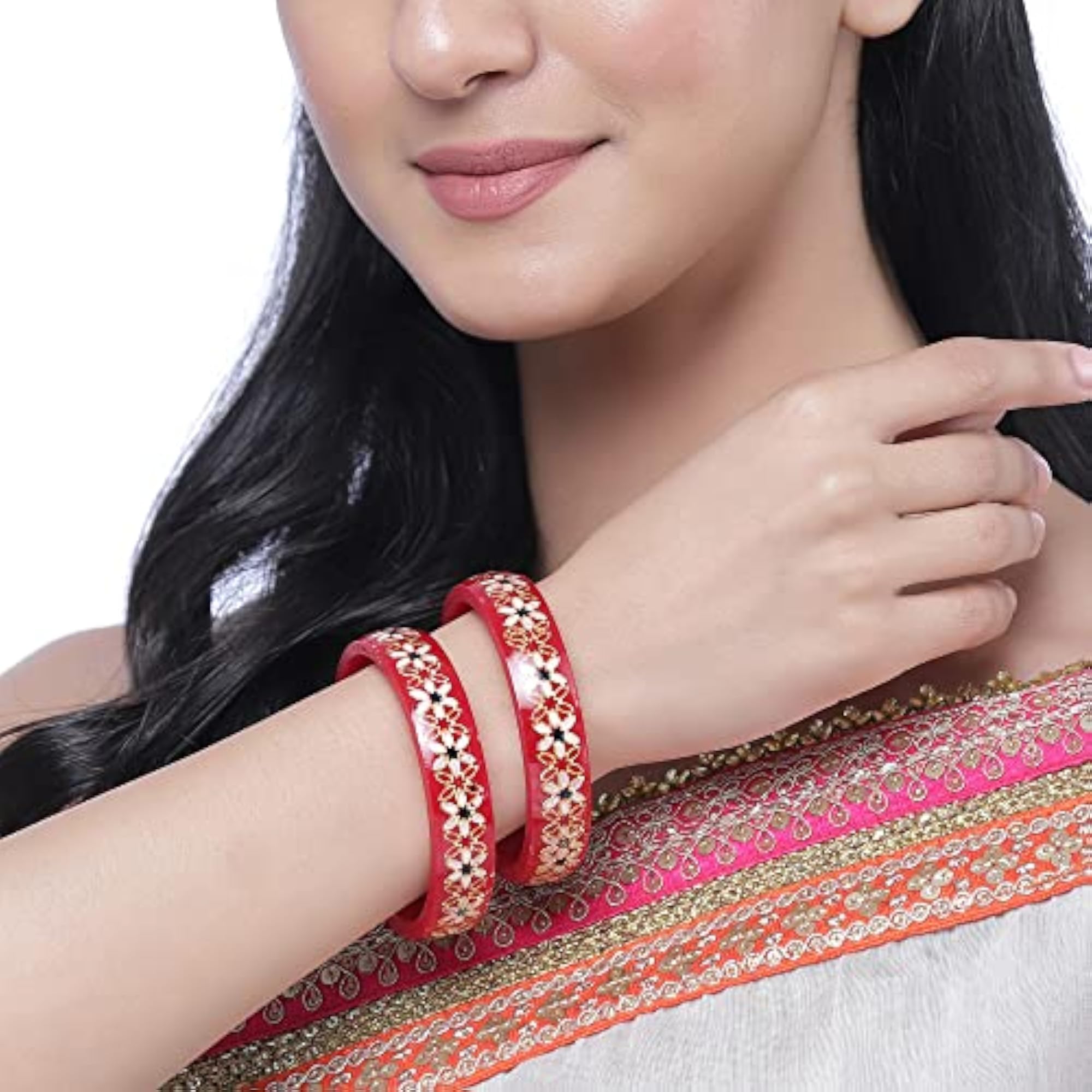 Gold-Plated Green Flower Engraved Bangles Set