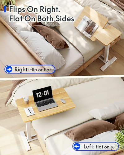 Image of FLEXISPOT Adjustable Height C-Shaped End Table with Single-Side Tilting Top, Mobile Side Table for Sofa & Bedside, Slides Under Furniture, Hidden Wheels for Small Spaces, 27.6 inch W x 15.7 inch D, Maple