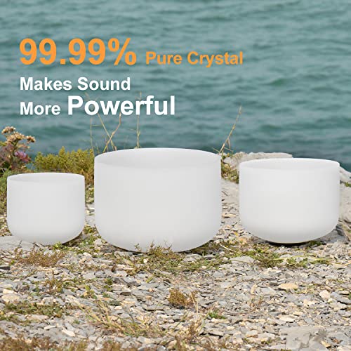 Set of 3 PCS 440HZ 6" A Note 8" F Note and 10" C Note Frosted Chakra Quartz Crystal Singing Bowl with Carry Case Bag for Sound Healing Meditation