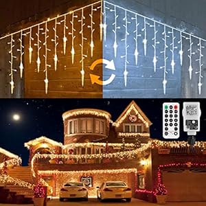 Ecowho Lichtsnoer voor buiten, 360 leds, uitbreidbaar, ijspegels, lichtgordijn, 11 modi en timer, warmwit, koudwit, voor buiten, waterdicht, kerstverlichting voor Kerstmis (8,85 x 0,9 m)
