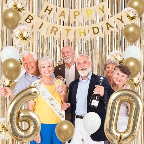 Image of Trgowaul 60th Birthday Decorations for Women, Banner, Sash and Crown, Cake Topper, 60 Number Balloon, Fringe Curtains, Champagne Gold 60th Birthday Party Supplies