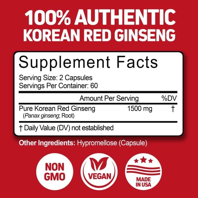 Herbtonics Korean Red Panax Ginseng 1500mg - Energy Supplement for Peak Performance, Focus & Vitality - High Potency Ginseng Root Extract - 120 Vegan Capsules - Image 2