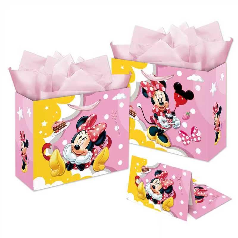 Zaprosze Minnie Birthday Gift Bag with Tissue Paper and Greeting Card Wrapping Paper Bags Large Themed Birthday Party Favor Bags for Girls Bday Baby Shower Minnie Party Supplies Decoration