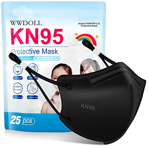 Kids KN95 Face Mask - 25 Pack WWDOLL 5-Layer Disposable Kids Masks with Adjustable Ear Loop, Dispoasable Masks Respirator Protection for Children Black