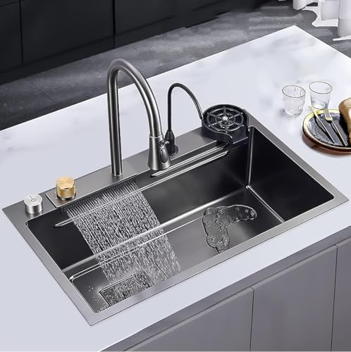 Image of LUXART Waterfall Multifunction Kitchen Sink | 24x18x9 Inch | Honeycomb Design | Anti-Scratch Stainless Steel | Pull Down Faucet | Cup Washer | Drain Baskets