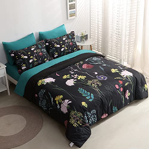 Jeyfull Black Flower King Size Comforter Set Bed In Bag 7 Piece Colorful Floral Leaves Bedding Comforter Set With Sheets (1 Comforter, 2 Pillow Shams, 1 Flat Sheet, 1 Fitted Sheet, 2 Pillowcases) #TOP9