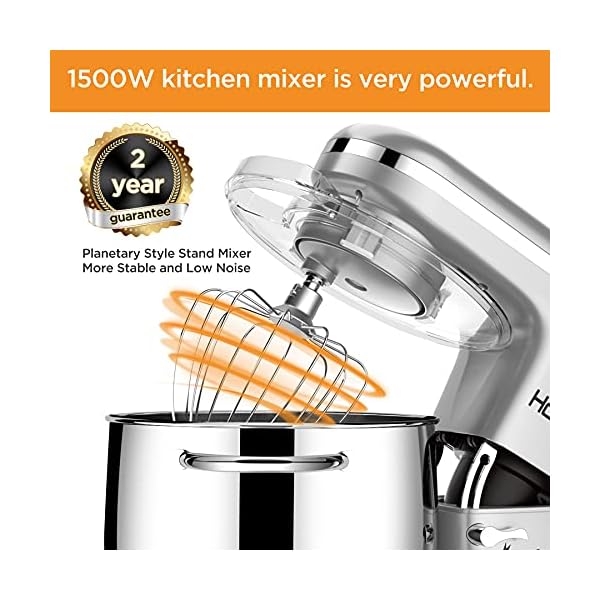Howork Küchenmaschine Knetmaschine, 1500W leistungsstark 8L Tilt-Head Geräusche Knetmaschine, 6-stufige Geschwindigkeit Teigmaschine mit Rührbesen, Knethaken, Spritzschutz, Schläger – Bild 6