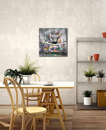 Kepgonegu Highland Cow Bathroom Wall Art Funny Graffiti Canvas Wall Art Black And White Wall Art Ready To Hang Size 14”W X 14”H #TOP2