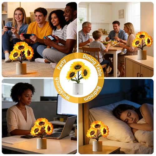 Image of Rechargeable Sunflower Flower Lamp Decor for Bedroom Bar Coffee Shop, Silk Flower Night Light Gifts for Women Mom Grandma Girlfriend Friend Wife Birthday Christmas Anniversary Valentines Mothers Day