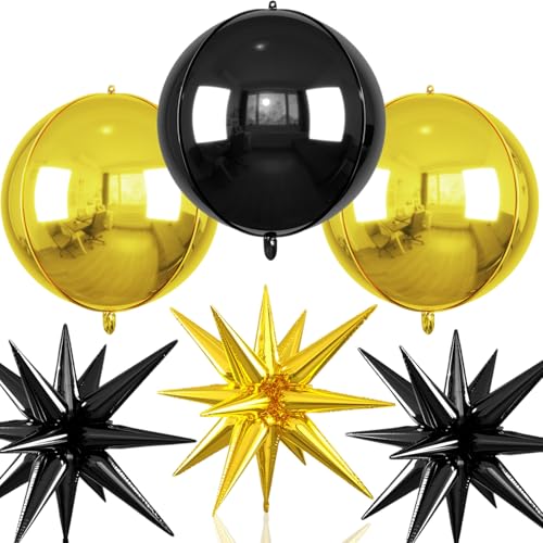 Image of 6pcs 22 inch Black Gold Star Balloons and 4D Large Foil Balloons, Gold Star Balloon Black 4D Foil Aluminum Balloon For Birthday Baby Shower Party Wedding Graduation New Year Retirement Decorations