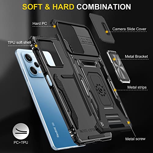 Wvozwwo For Xiaomi Redmi Note 12 Pro 5G/Poco X5 Pro 5G Case With Screen Protector, Protective Cover With Camera Protector Thin Kickstand Military Phone Case For Xiaomi Redmi Note 12 Pro 5G (Black) #TOP3