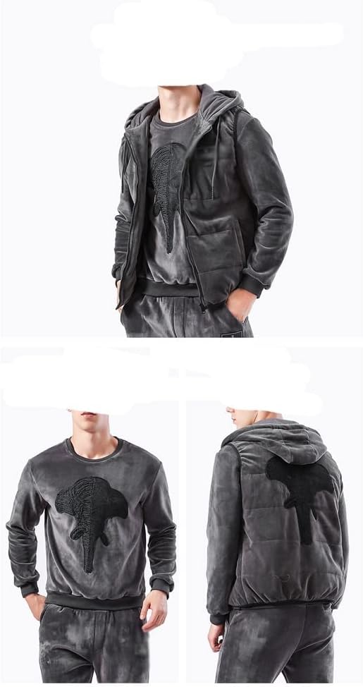Winter 3 Piece Hooded Vests Sweat Pant Fabric Sweatshirt Suit Thick Warm Tracksuit Men(Gray,4XL size)